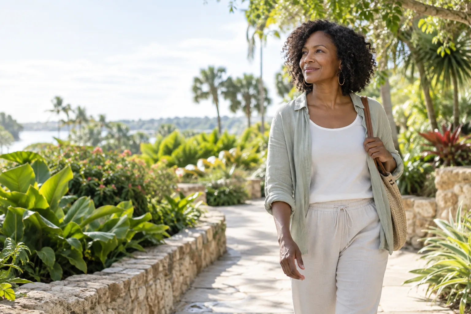 Black woman walking confidently through a bright garden