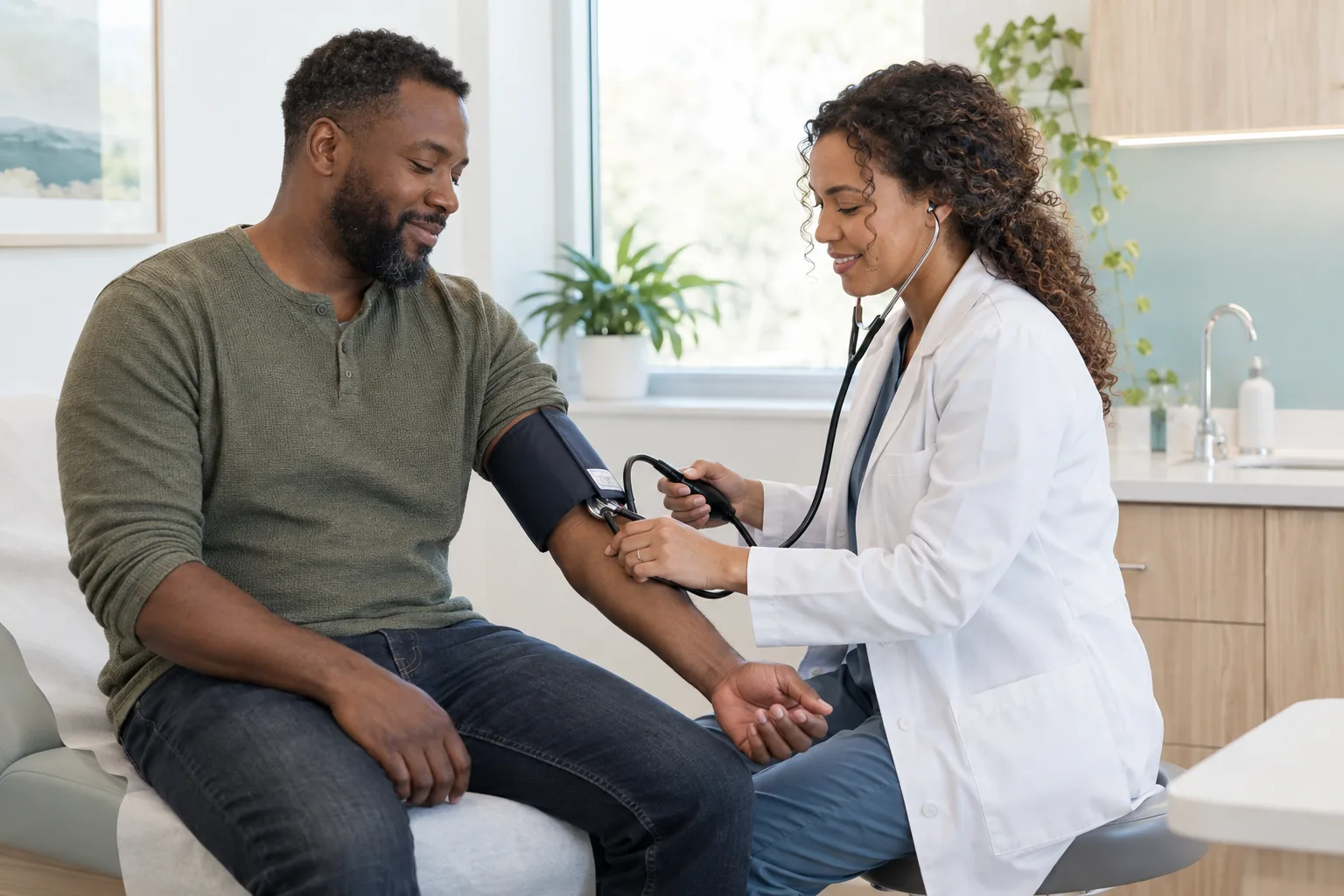 Primary care clinician checking a Black man's blood pressure
