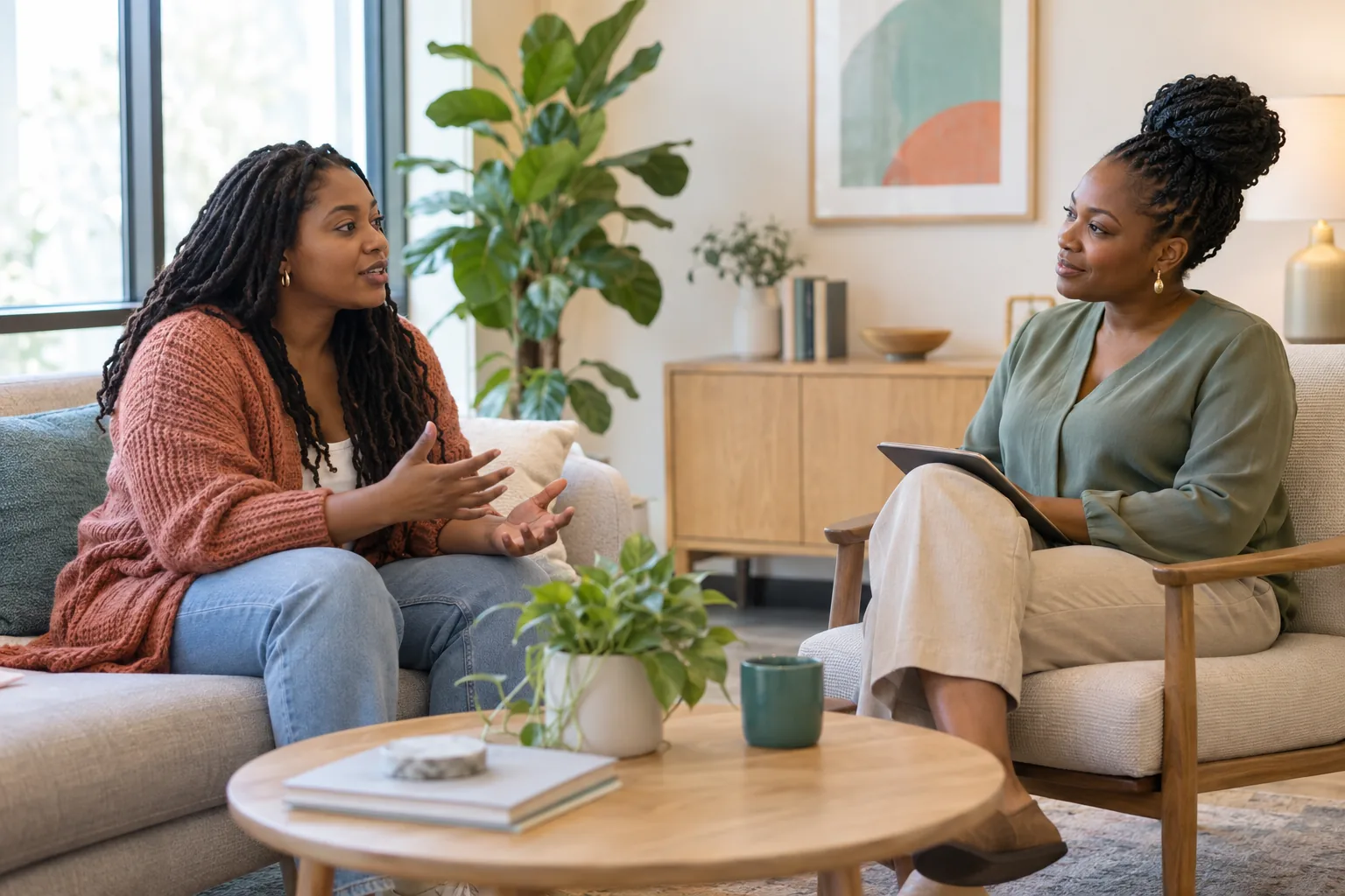 Black woman having a supportive conversation with a mental health clinician