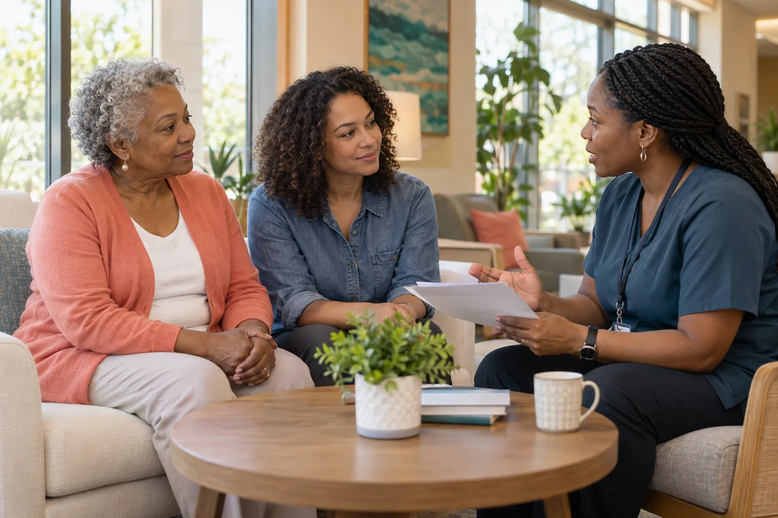 Older Black patient and her daughter talking with a healthcare clinician