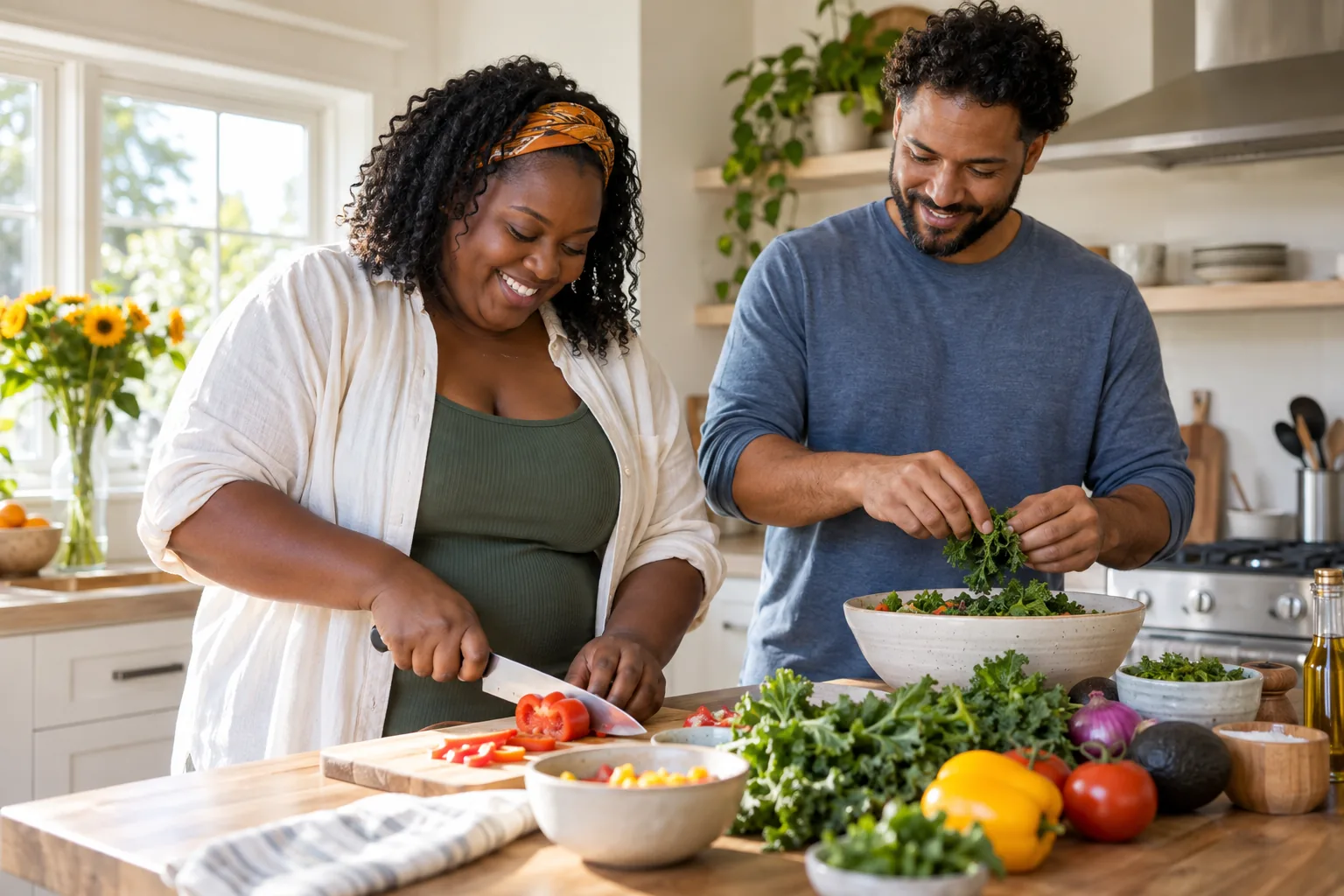 Black and mixed couple preparing a colorful healthy meal together
